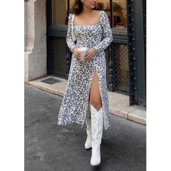 Reformation | Sigmund Floral Square Neck Long Sleeve Midi Dress in Milanesa - Picture 1 of 10